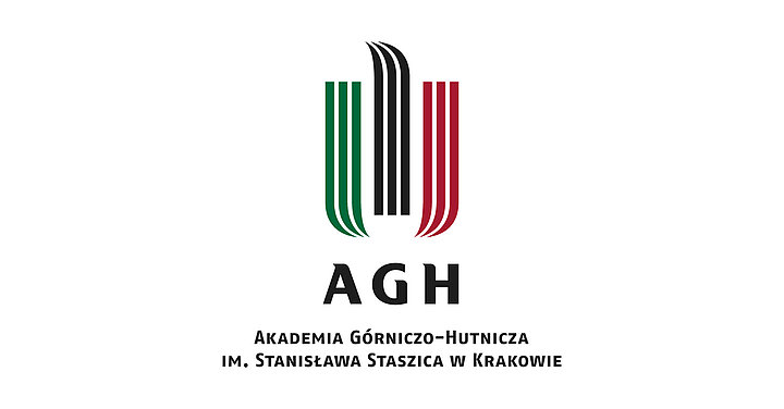 Logotyp z pionowymi pasami w trzech grupach po trzy: zielonymi, czarnymi i czerwonymi nawiązującu kształtem do skrzydełi głowy orła. Tekst "Akademia Górniczo-Hutnicza im. Stanisława Staszica w Krakowie"