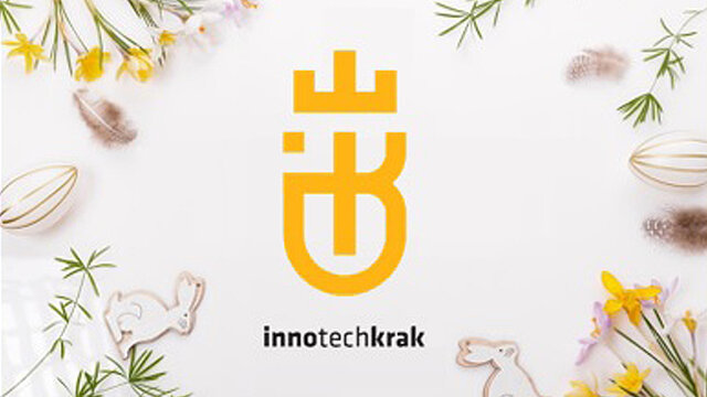 Abstrakcyjna grafika dekoracyjna. Plansza z logotypem, tekstem "InnoTechKrak" oraz symbolami królików, jajek i żonkili.